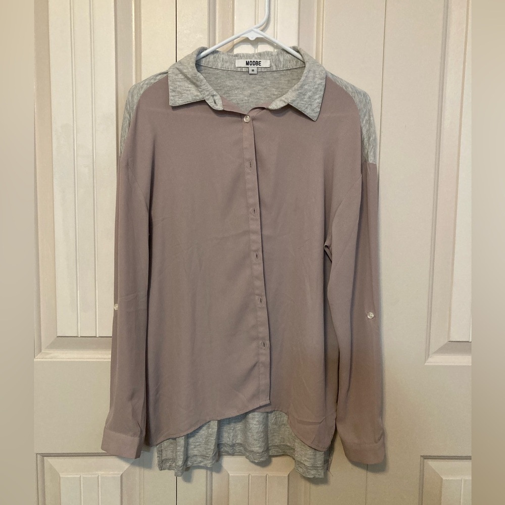Women’s Modbe top. Sheer light purple front, solid cotton gray back